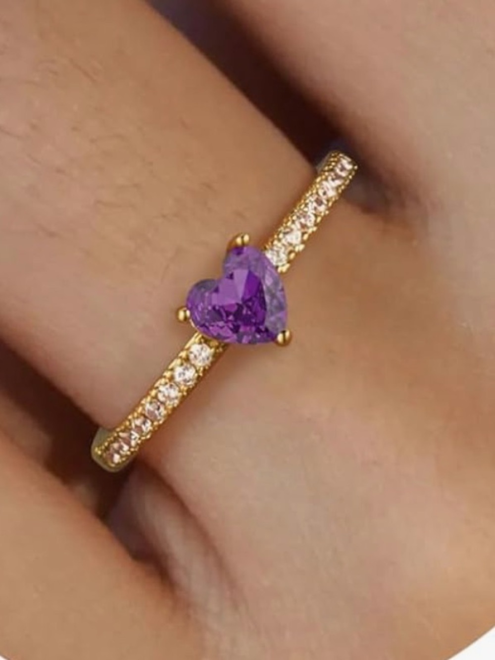 Hollander & Rozanov Gold Plated 14K Heart Amethyst Rings Size 8 with Pavé Band